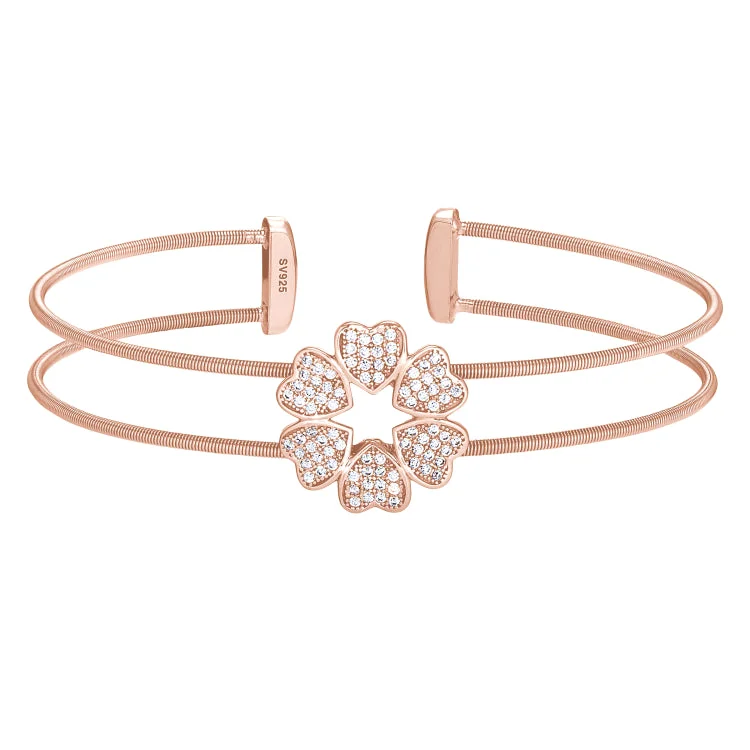 Rose Gold Finish Sterling Silver Two Cable Cuff 5 Hearts Bracelet with Simulated Diamonds