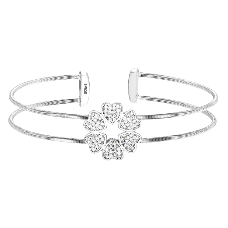 Rhodium Finish Sterling Silver Two Cable Cuff 5 Hearts Bracelet with Simulated Diamonds