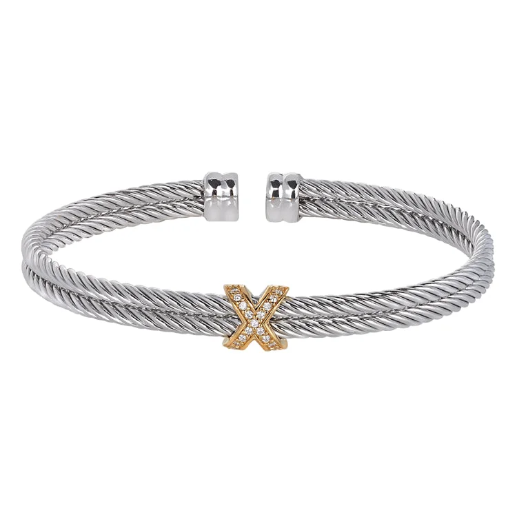 Rhodium Finish Sterling Silver Twisted Double Cable Cuff  Bracelet With a Gold Finish X with Simulated Diamonds