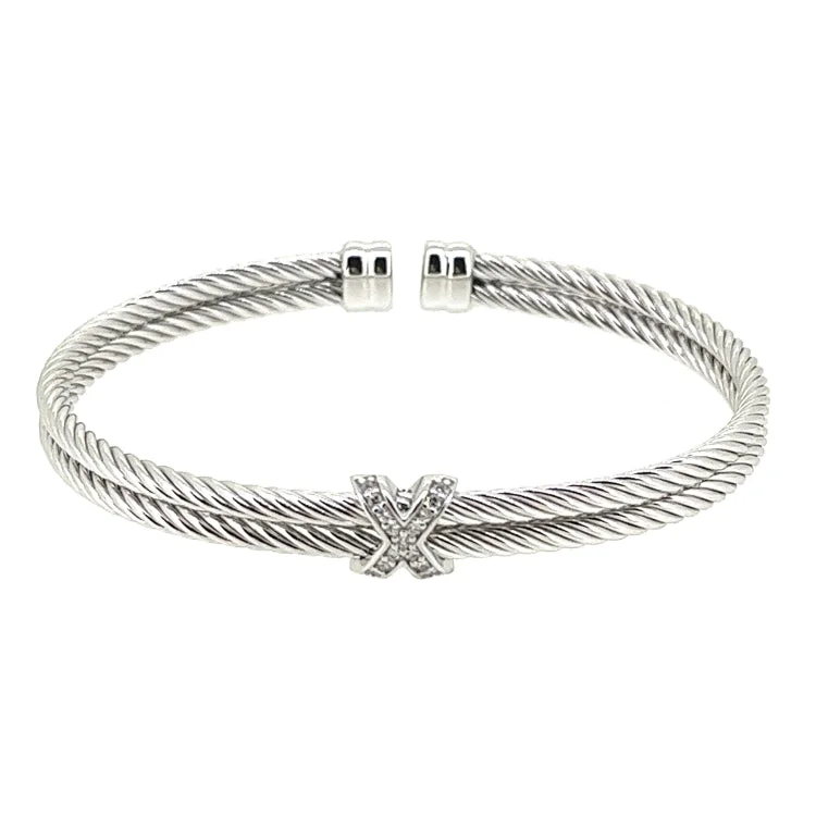 Rhodium Finish Sterling Silver Twisted Double Cable Cuff  Bracelet With a Rhodium Finish X with Simulated Diamonds