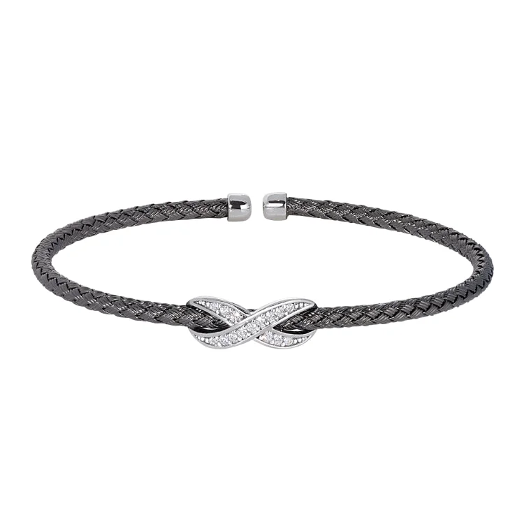 Black Rhodium Finish Sterling Silver Basketweave Cable Cuff  Bracelet with Rhodium Finish Infititry With Simualated Diamonds