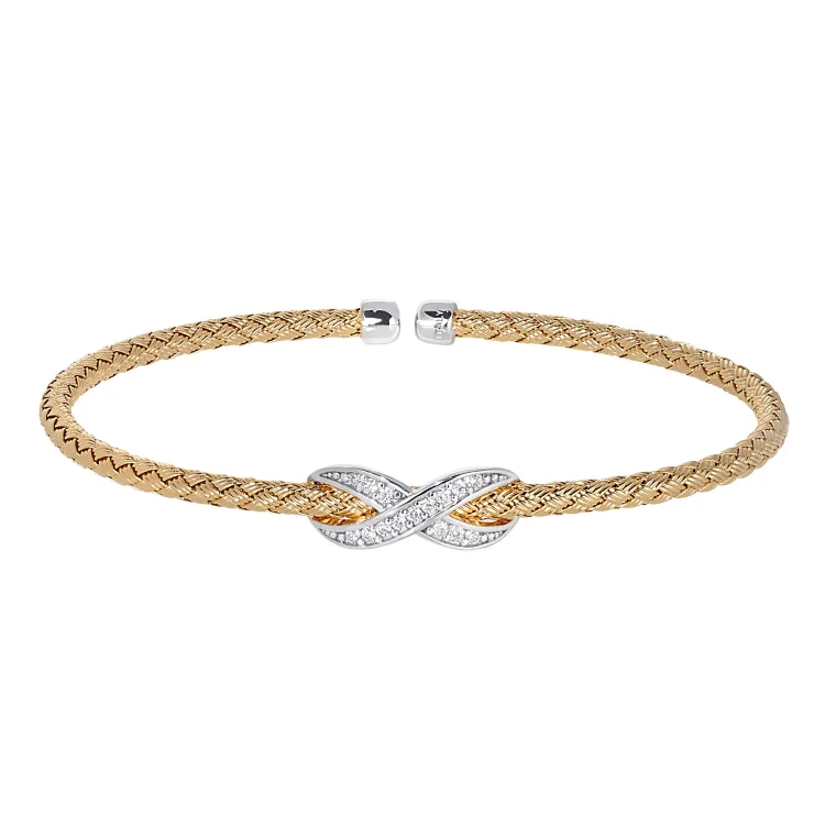 Gold Finish Sterling Silver Basketweave Cable Cuff  Bracelet with Rhodium Finish Infititry With Simualated Diamonds