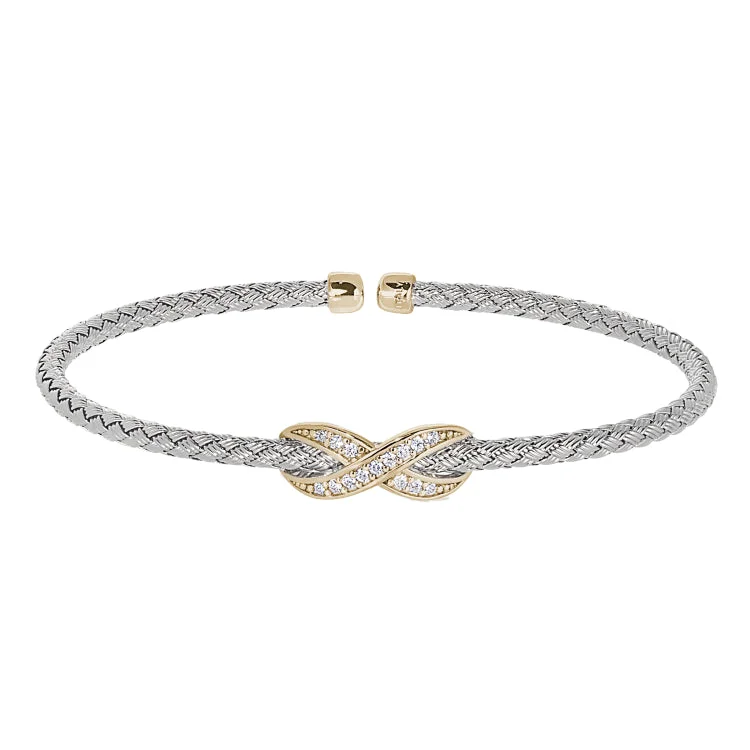 Rhodium Finish Sterling Silver Basketweave Cable Cuff  Bracelet with Gold Finish Infititry With Simualated Diamonds