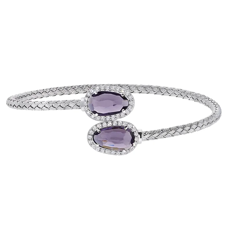 Rhodium Finish Sterling Silver Basketweave Cable Cuff  Bracelet with Simulated Diamonds and a Lilac Stone on Each End