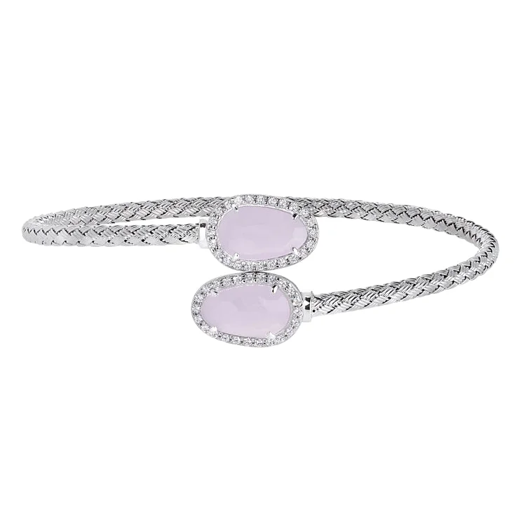 Rhodium Finish Sterling Silver Basketweave Cable Cuff  Bracelet with Simulated Diamonds and a Pink Stone on Each End