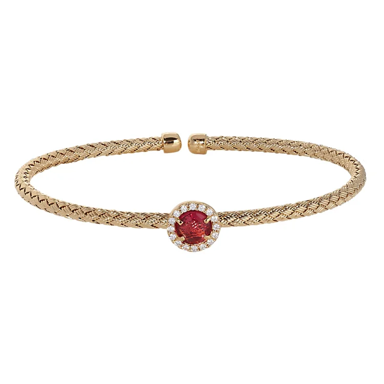 Gold Finish Sterling Silver Basketweave Cable Cuff  Bracelet with a Round Pink Stone and Simulated Diamonds