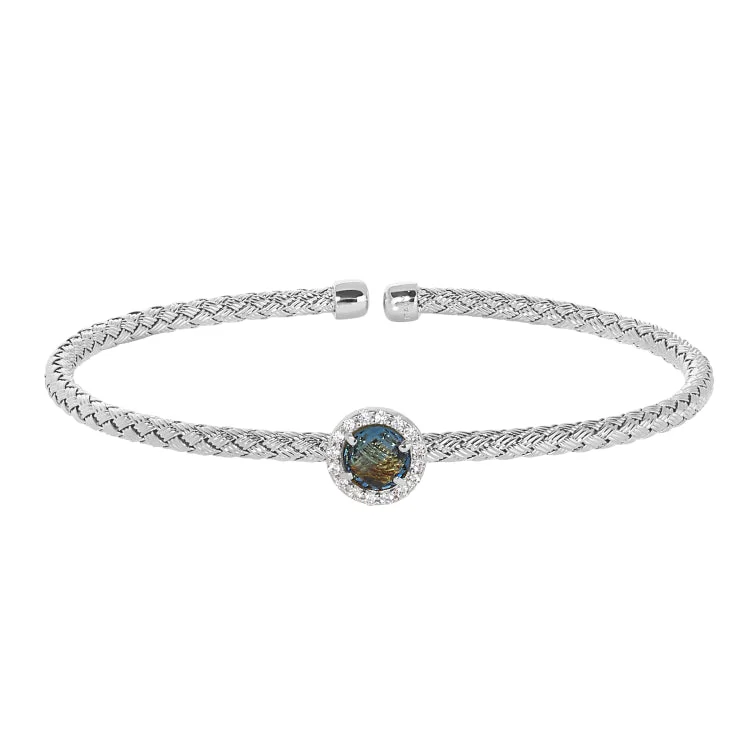 Rhodium Finish Sterling Silver Basketweave Cable Cuff  Bracelet with a Round Blue Stone and Simulated Diamonds