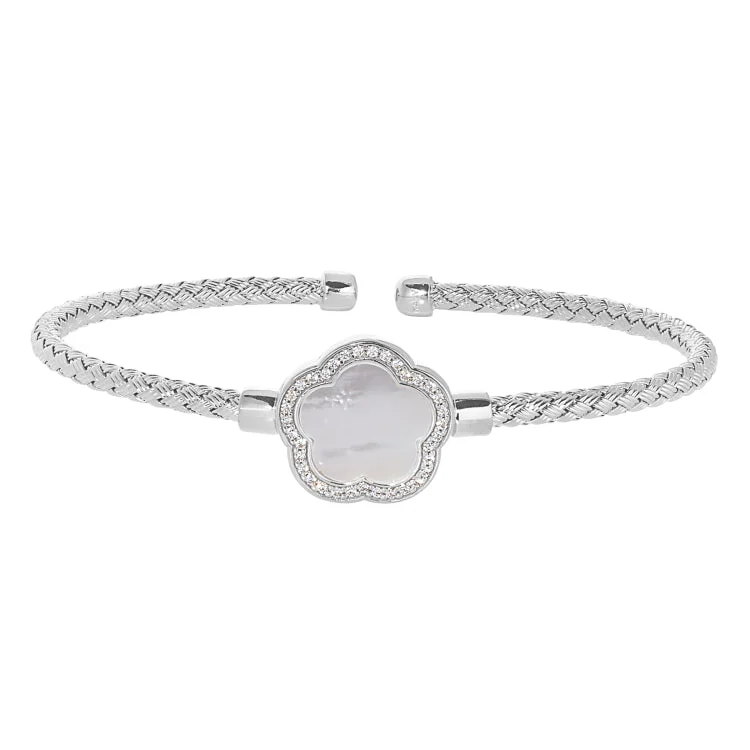 Rhodium Finish Sterling Silver Basketweave Cable Cuff  Bracelet with a Flower Shaped MOP Stone and Simulated Diamonds