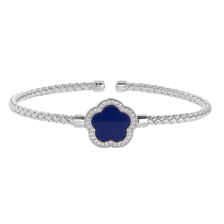 Rhodium Finish Sterling Silver Basketweave Cable Cuff  Bracelet with a Flower Shaped Navy Stone and Simulated Diamonds