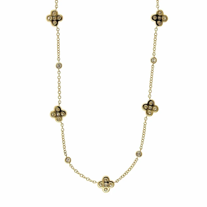 14K Yellow Gold Diamond Station Clover Necklace