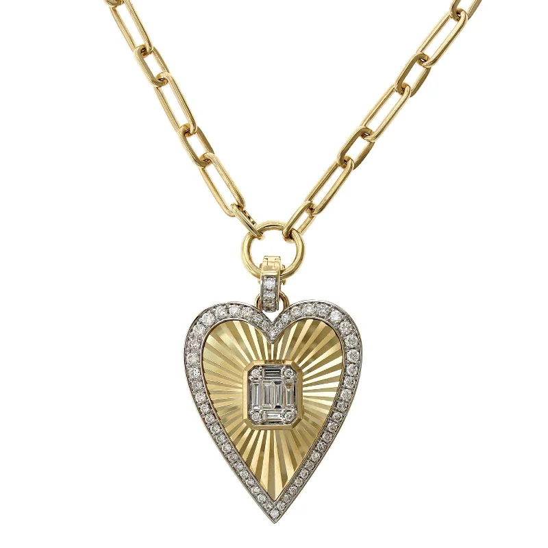 14K Yellow Paperclip Diamond Heart Fluted Pendant