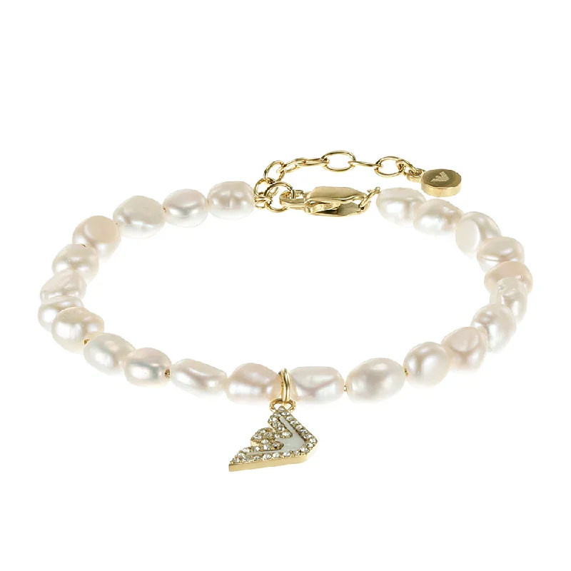 Emporio Armani Gold Plated Stainless Steel Sentimental Logo White Beads Bracelet