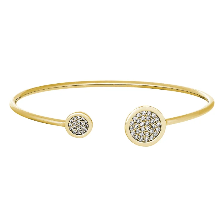 Gold Finish Sterling Silver Big Circle and Little Circle on Either End Flexible Cuff Bracelet with Simulated Diamonds