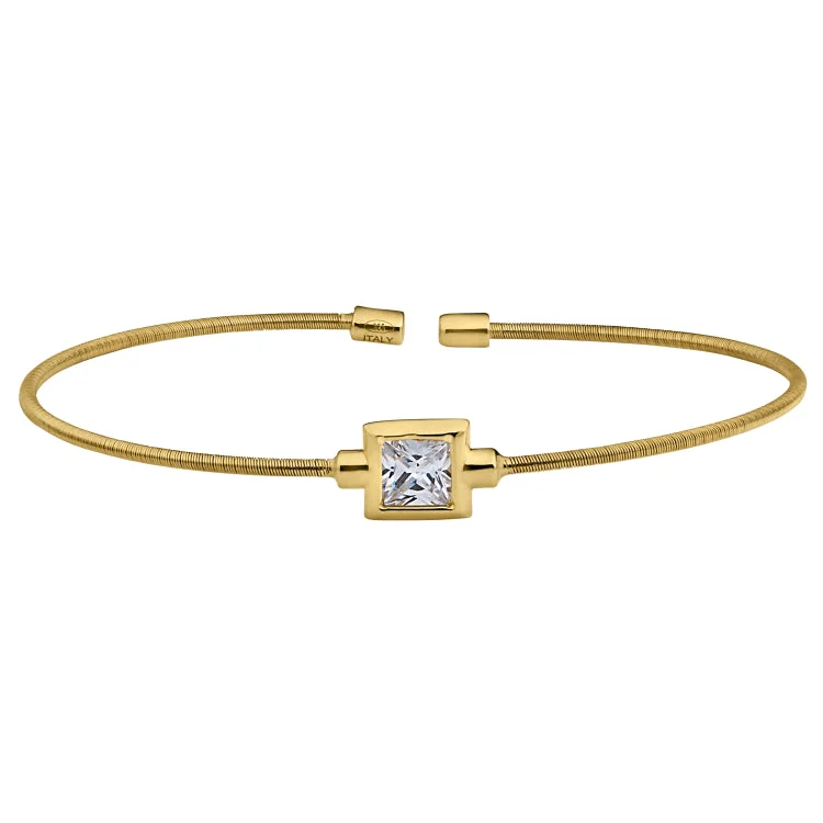 Gold Finish Sterling Silver Cable Cuff Bracelet with Princess Cut Simulated Diamond Birth Gem