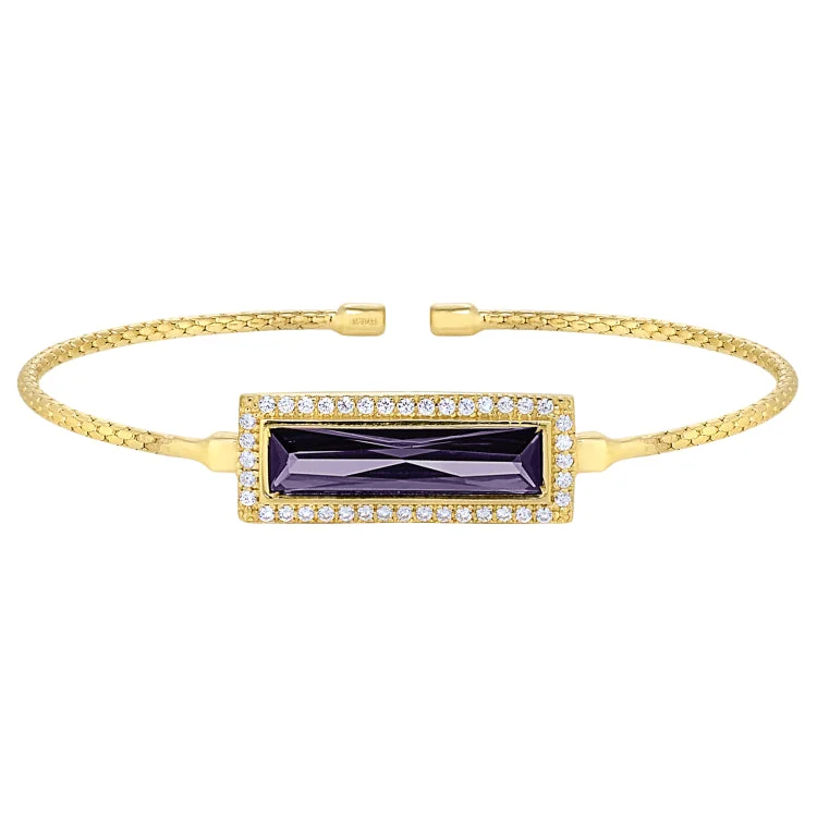 Gold Finish Sterling Silver Cable Cuff Bracelet with Rectangular Simulated Amethyst Stone and Simulated Diamonds