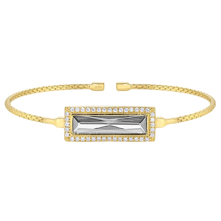 Gold Finish Sterling Silver Cable Cuff Bracelet with Rectangular Simulated Diamomd Stone and Simulated Diamonds