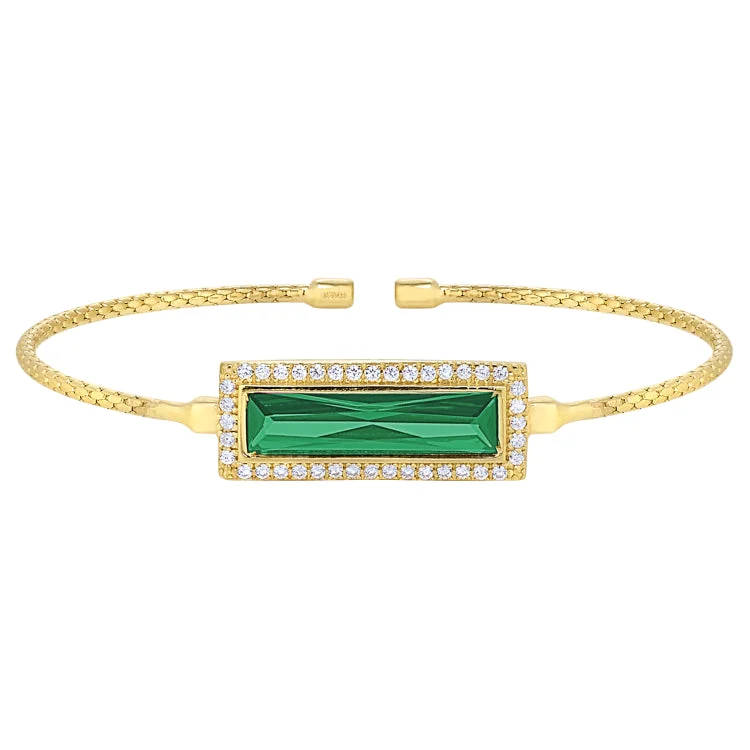 Gold Finish Sterling Silver Cable Cuff Bracelet with Rectangular Simulated Emerald Stone and Simulated Diamonds