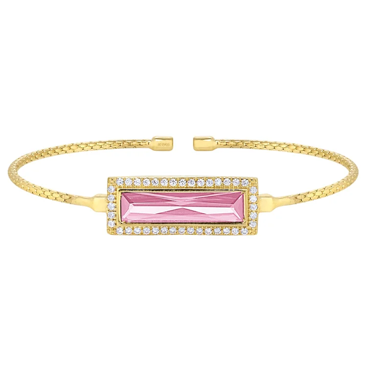 Gold Finish Sterling Silver Cable Cuff Bracelet with Rectangular Simulated Pink Sapphire Stone and Simulated Diamonds