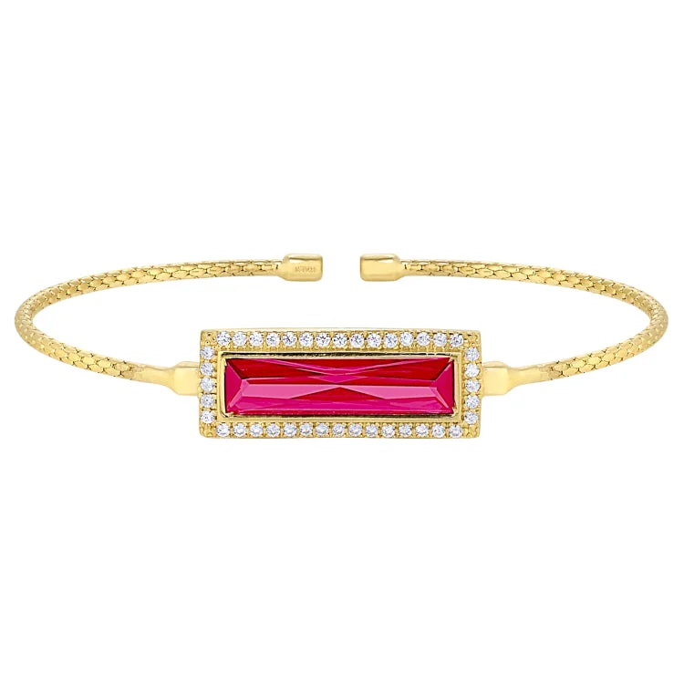 Gold Finish Sterling Silver Cable Cuff Bracelet with Rectangular Simulated Ruby Stone and Simulated Diamonds