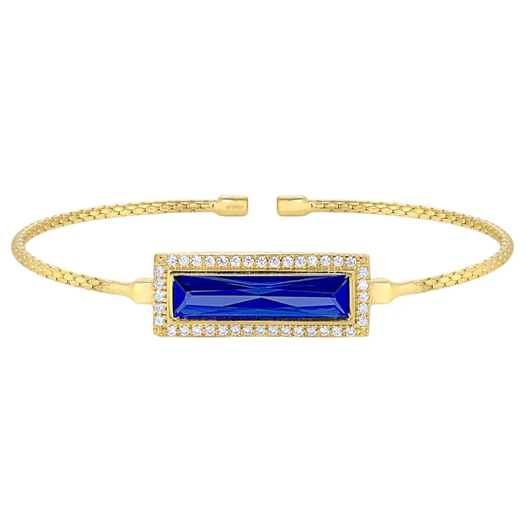 Gold Finish Sterling Silver Cable Cuff Bracelet with Rectangular Simulated Sapphire Stone and Simulated Diamonds