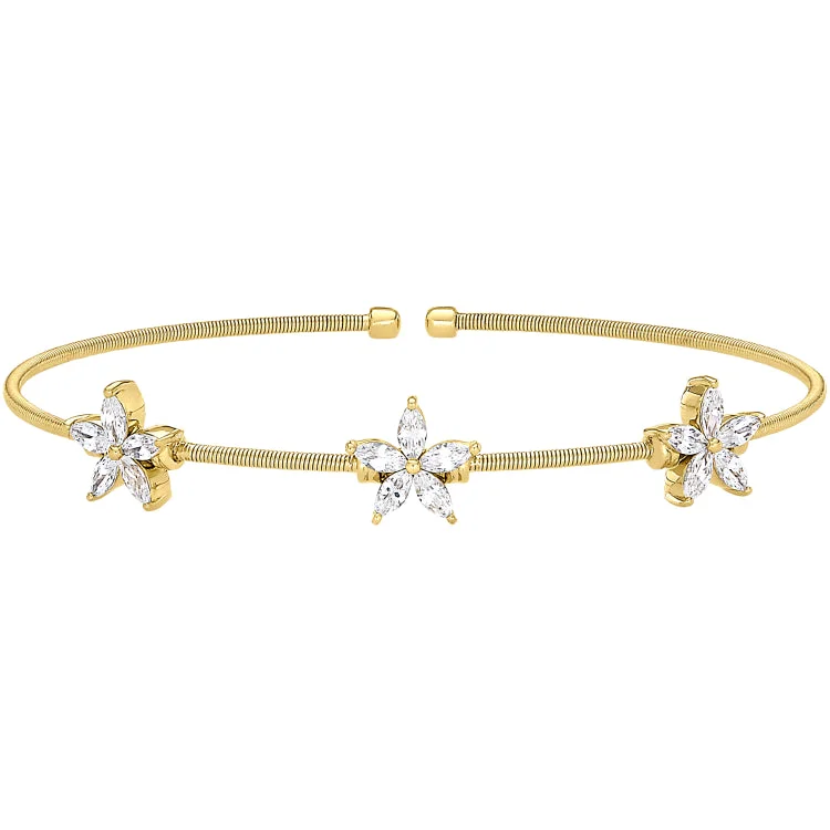 Gold Finish Sterling Silver Cable Cuff Bracelet with Simulated Diamond Flowers