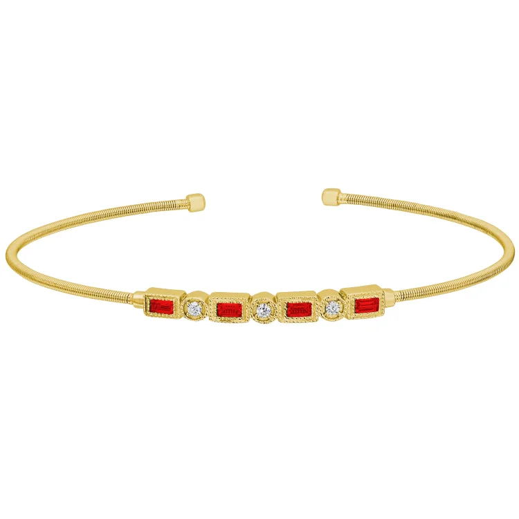 Gold Finish Sterling Silver Cable Cuff Bracelet with Simulated Ruby and Simulated Diamonds