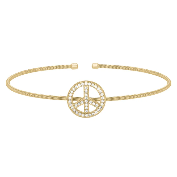 Gold Finish Sterling Silver Cable Cuff Peace Sign Bracelet with Simulated Diamonds