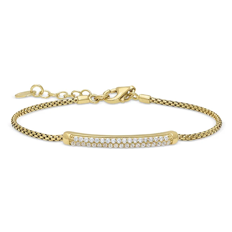 Gold Finish Sterling Silver Micropave Bracelet with Two Rows of Simulated Diamonds - 7"-8" Adjustable Rounded Box Chain