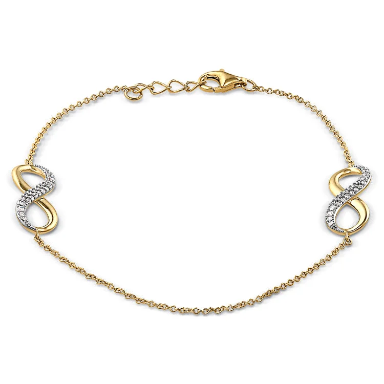 Gold Finish Sterling Silver Micropave Double Infinity Bracelet with Simulated Diamonds with 7.25" Cable Chain & .5" extender