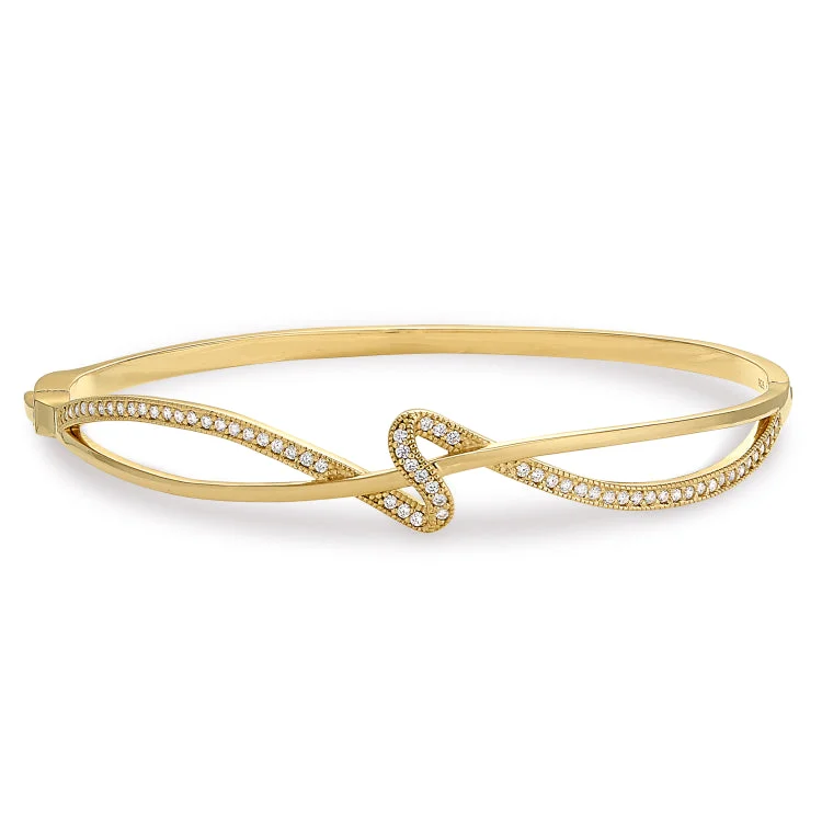 Gold Finish Sterling Silver Micropave Ribbon Swirll Bangle Bracelet with Simulated Diamonds