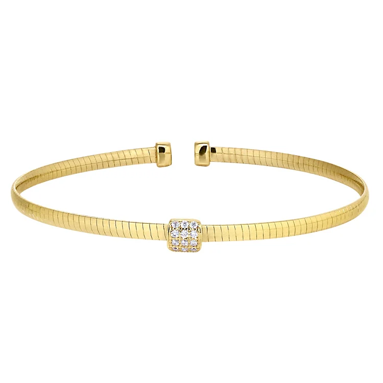 Gold Finish Sterling Silver Omega Cable Cuff Bracelet with Central Square with Simulated Diamonds