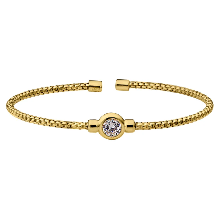 Gold Finish Sterling Silver Rounded Box Link Cuff Bracelet with Bezel Set Simulated Diamond Birth Gem