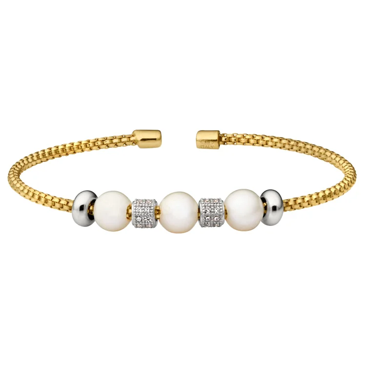 Gold Finish Sterling Silver Rounded Box Link Cuff Bracelet with Simulated Pearls and Simulated Diamond Barrels