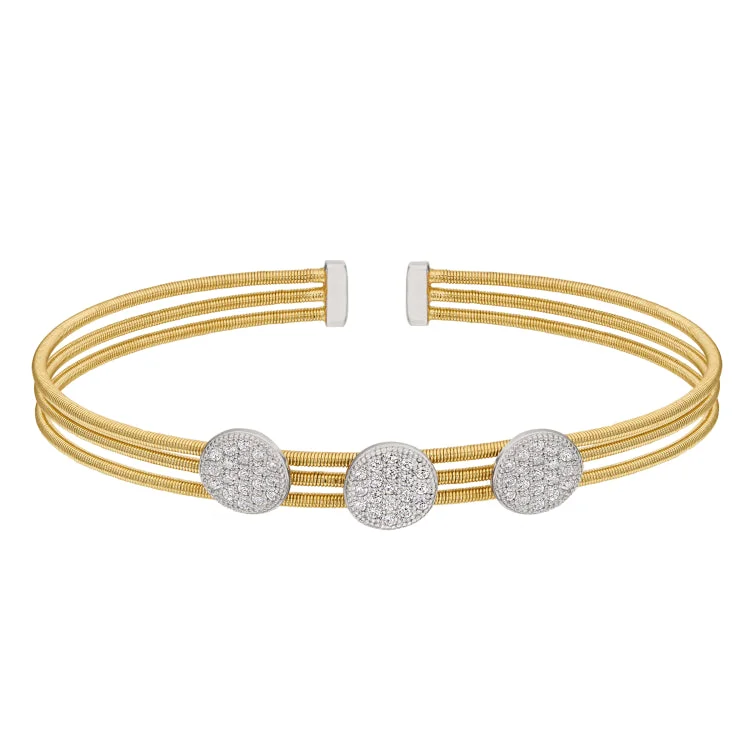 Gold Finish Sterling Silver Three Cable Cuff Bracelet with Rhodium Finish Simulated Diamond Three Large Circles