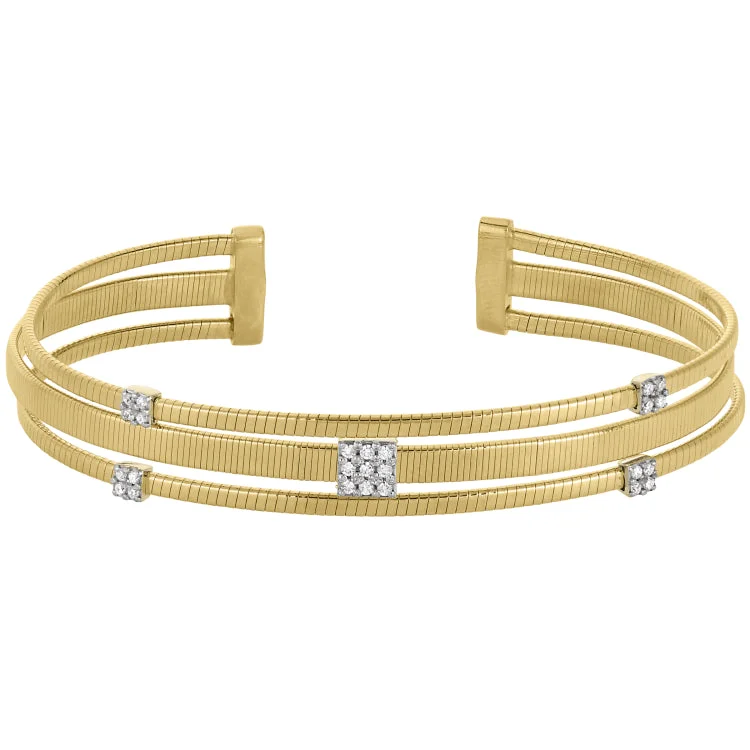 Gold Finish Sterling Silver Three Cuff Bracelet with Rhodium Finish Simulated Diamond Square and Round