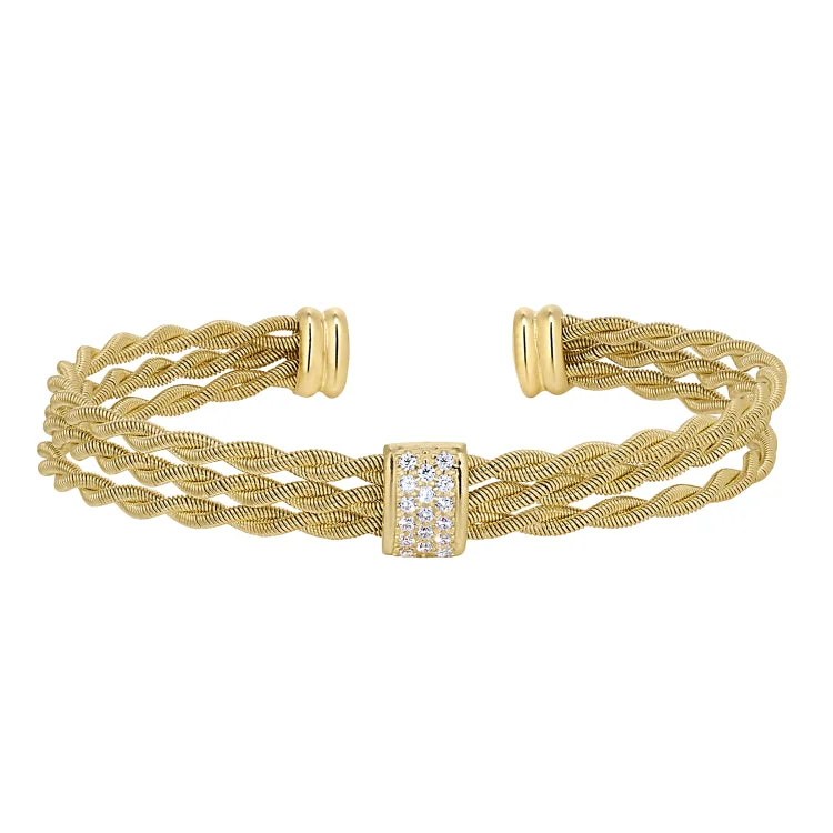 Gold Finish Sterling Silver Tightly Twisted Three Cable Cuff Bracelet with Central Bar with Simulated Diamonds