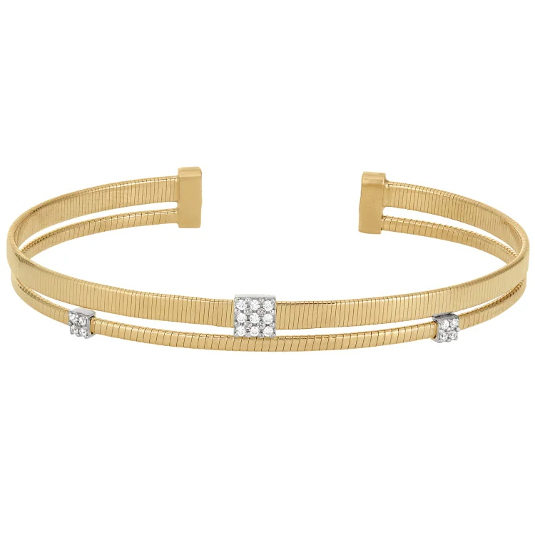 Gold Finish Sterling Silver Two Cable Cuff Bracelet with Rhodium Finish Simulated Diamond Square and Round