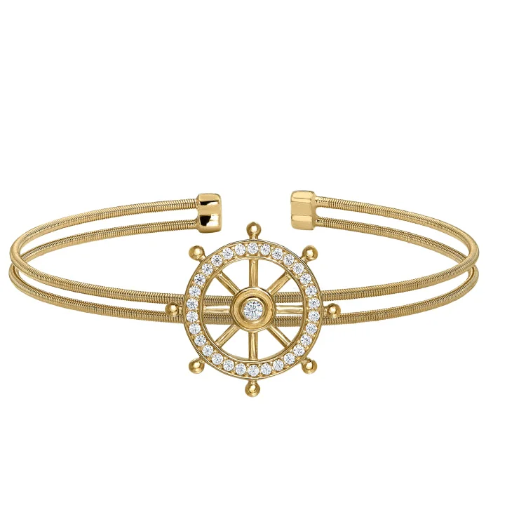 Gold Finish Sterling Silver Two Cable Ships Wheel Cuff Bracelet Bracelet with Simulated Diamonds