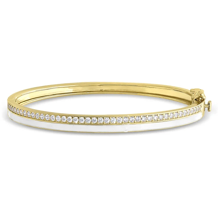 Gold Vermeil Sterling Silver Micropave Hinged Bangle Bracelet with with White Enamel and Simulated Diamonds