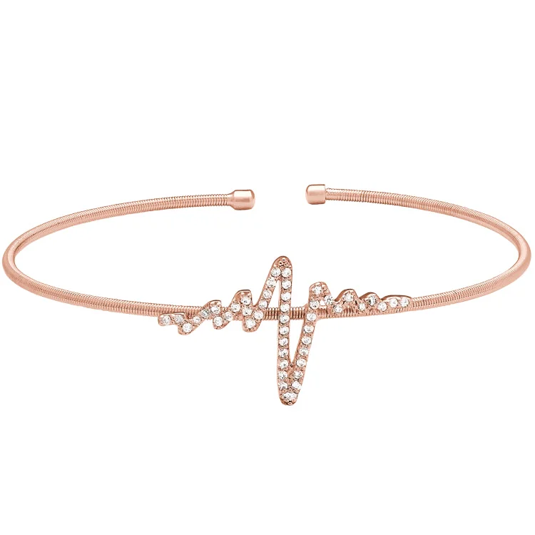 Rose Gold Finish Sterling Silver Cable Cuff Heartbeat Bracelet with Simulated Diamonds