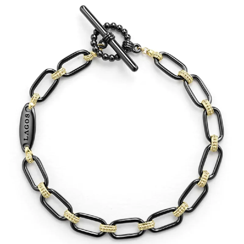 Lagos Signature Caviar 18k Gold and Black Ceramic Link Bracelet