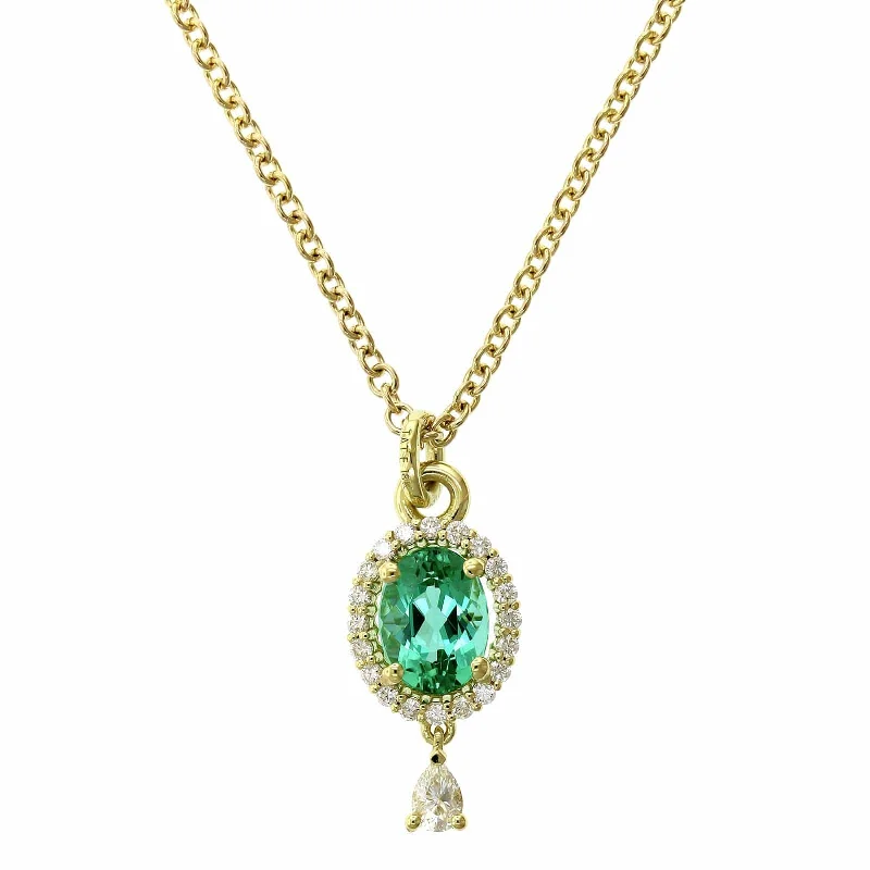 18K Yellow Gold Oval Tourmaline Diamond Halo Pendant