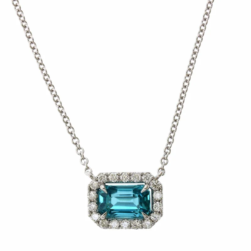 18K White Gold Blue Zircon Diamond Halo Necklace