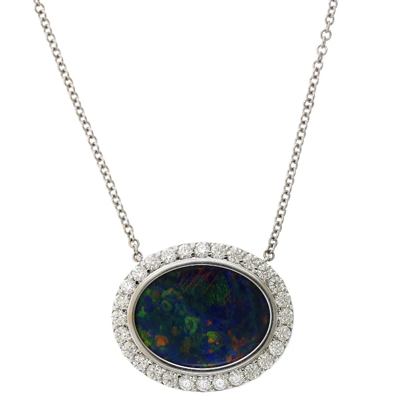 18K White Gold Opal Diamond Halo Pendant