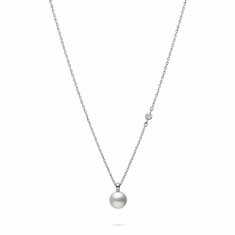 Mikimoto 18K White Gold Pearl Single Diamond Station Necklace