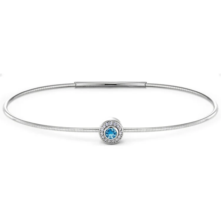 Platinum Finish Sterling Silver Round Simulated Blue Topaz Birth Gem Bracelet with Simulated Diamonds