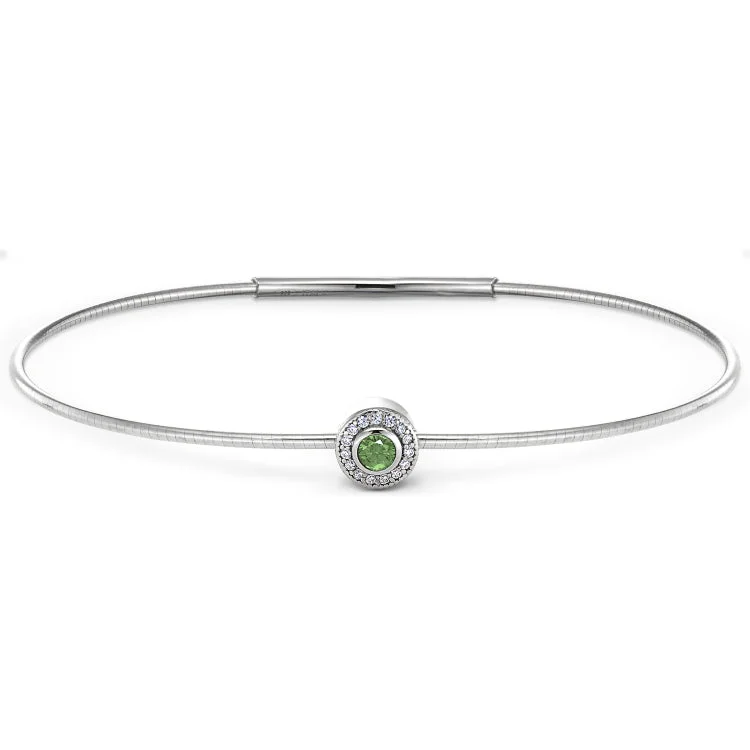 Platinum Finish Sterling Silver Round Simulated Peridot Birth Gem Bracelet with Simulated Diamonds