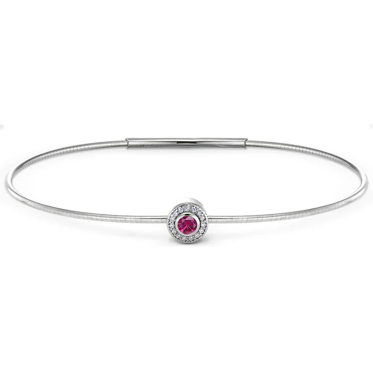 Platinum Finish Sterling Silver Round Simulated Ruby Birth Gem Bracelet with Simulated Diamonds