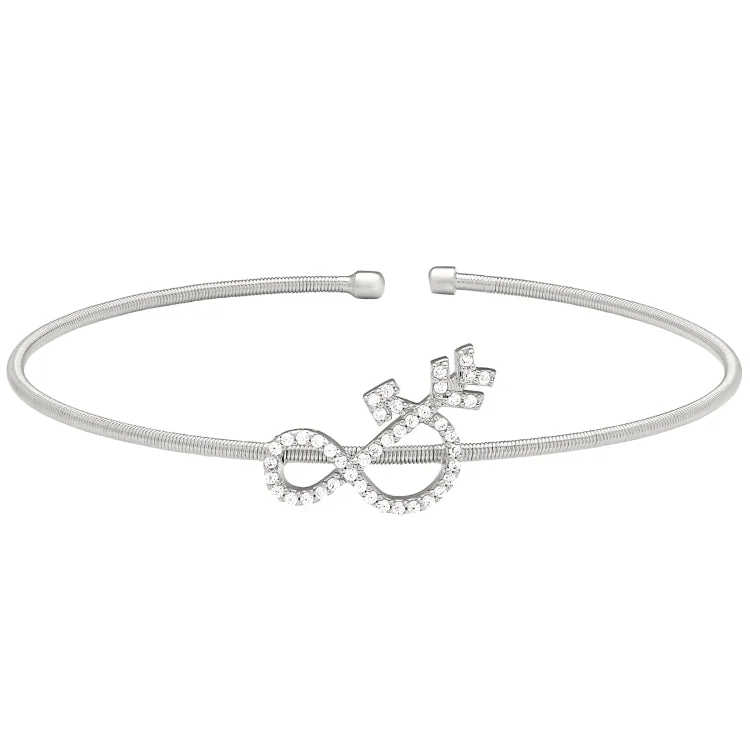 Rhodium Finish Sterling Silver Cable Cuff Ampersand Bracelet with Simulated Diamonds