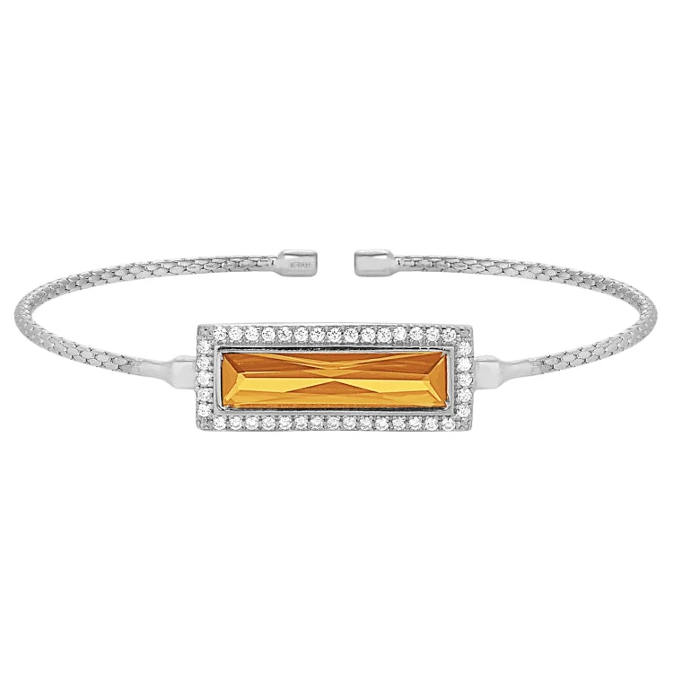 Rhodium Finish Sterling Silver Cable Cuff Bracelet with Rectangular Simulated Citrine Stone and Simulated Diamonds